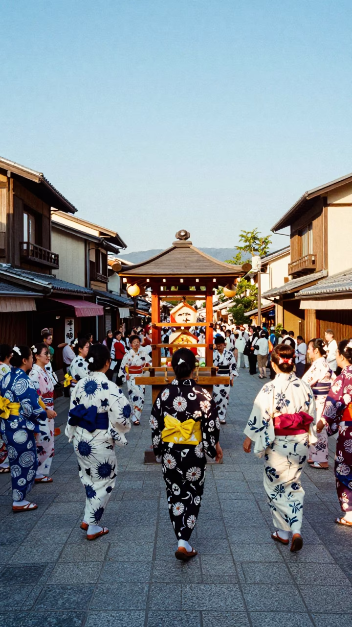 Colorful 1950s Kyoto Street Scene with Obon Dance Circle and Paper Lanterns in in Kyoto, Japan