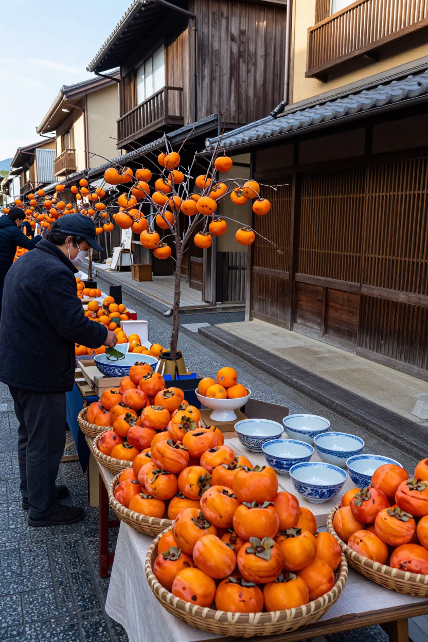 Colorful 1950s Kyoto Street Scene with Persimmons and Traditional Porcelain in in Kyoto, Japan