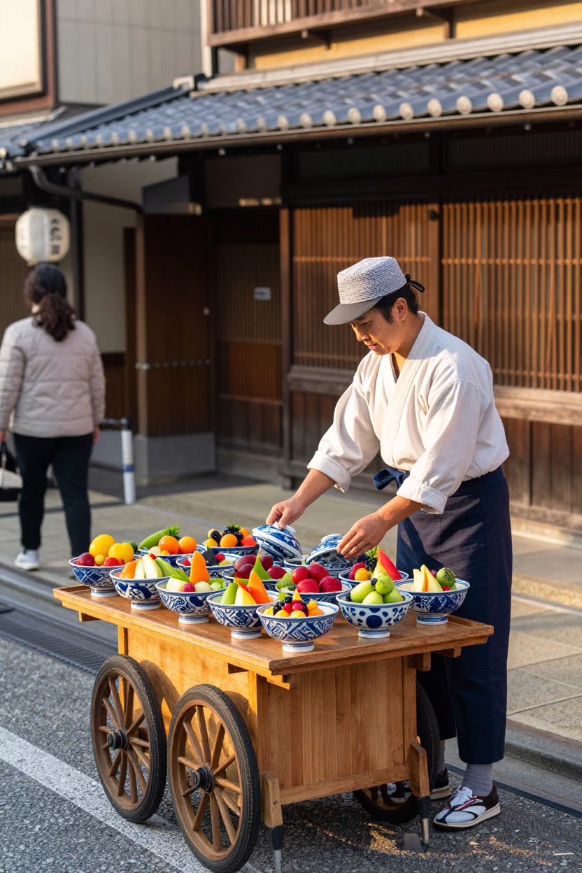 Colorful 1950s Kyoto Street Scene with Traditional Serving Bowls and Local Interaction in in Kyoto, Japan