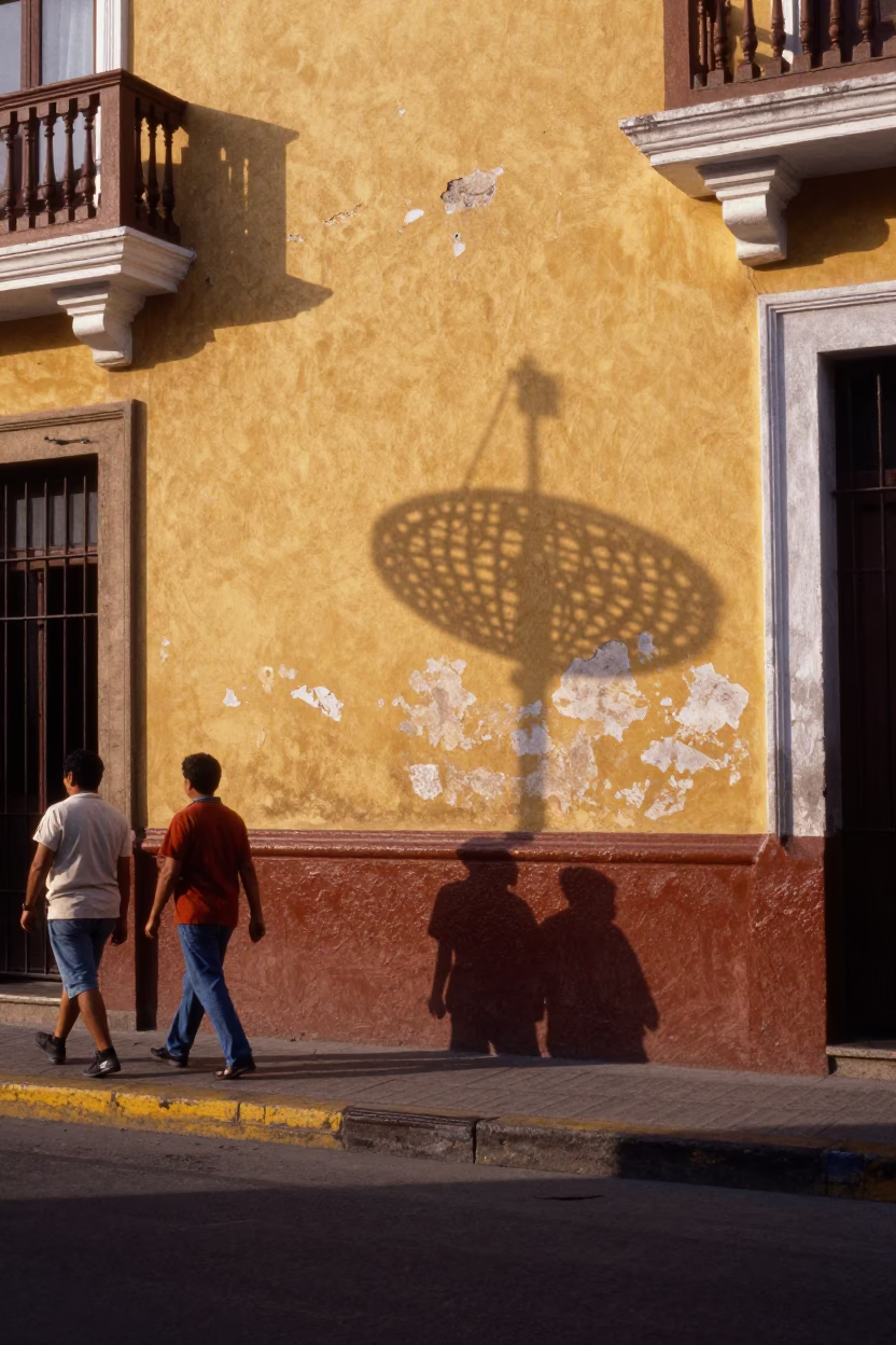 Colorful 1950s Lima Street Scene with Wicker Shadow and Plaster Wall Details at Sunrise in in Lima, Peru
