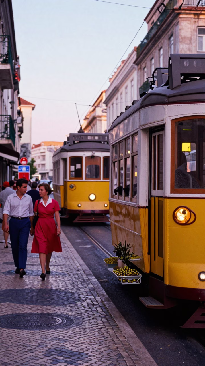 Colorful 1950s Lisbon Street Scene with Tram and Traditional Tiles in in Lisbon, Portugal