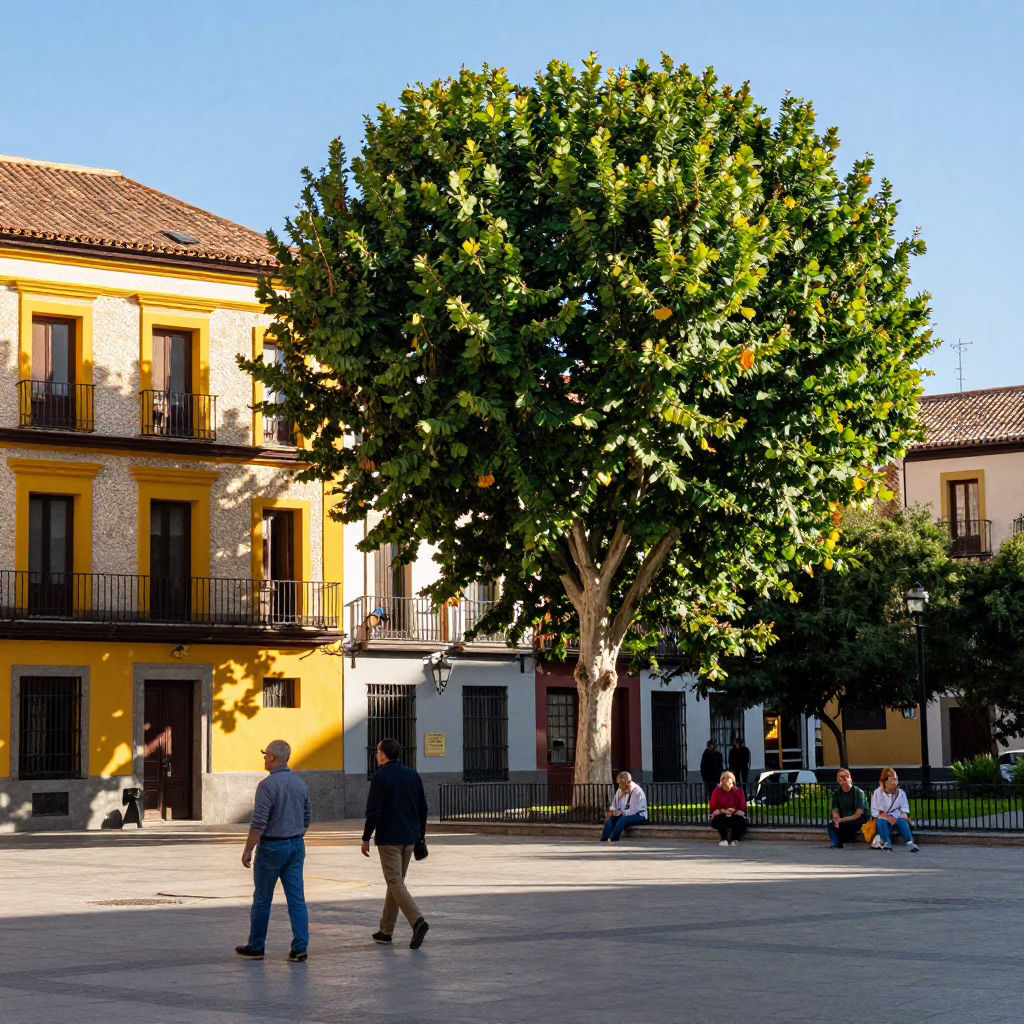 Colorful 1950s Madrid Street Scene with Copper Beech Tree and Parkland Atmosphere in in Madrid, Spain