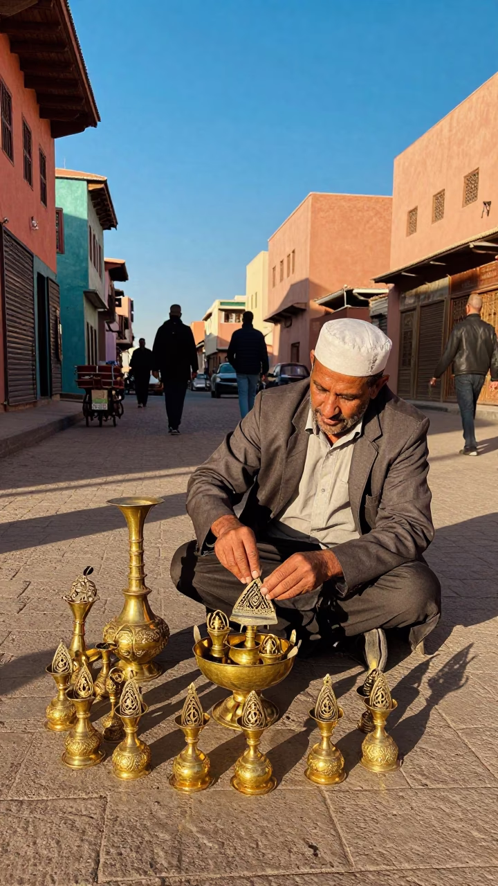 Colorful 1950s Marrakech Street Scene with Brass Incense Holder and Traditional Architecture in in Marrakech, Morocco
