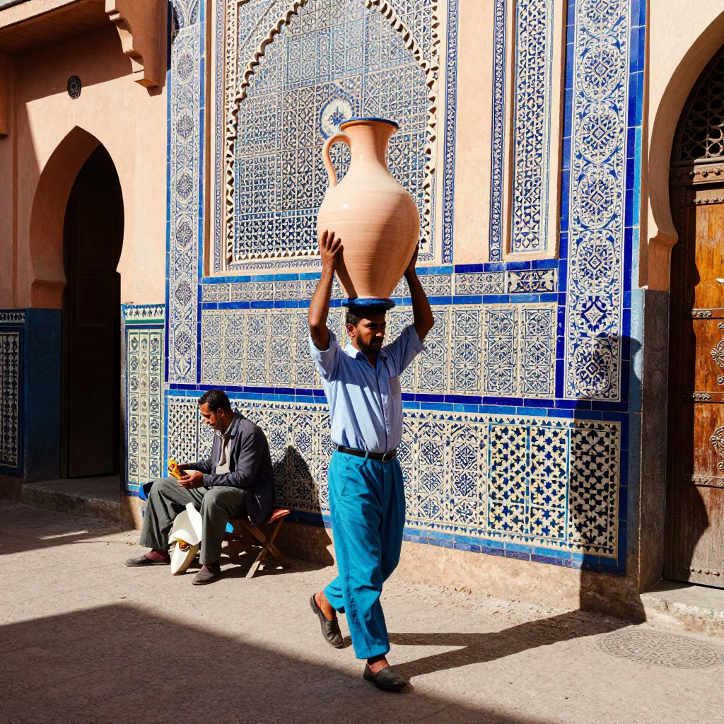 Colorful 1950s Marrakech Street Scene with Ceramic Pitcher and Kites in Early Afternoon in in Marrakech, Morocco