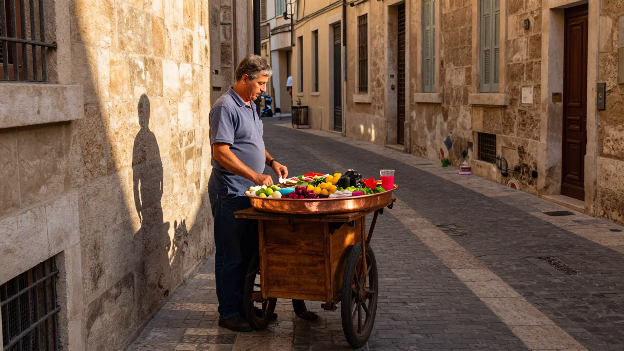 Colorful 1950s Marseille Street Scene with Copper Mezze Tray and Radishes in in Marseille, France