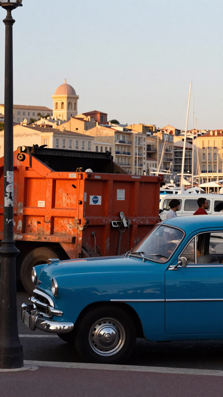 Colorful 1950s Marseille Street Scene with Demolition Dumpster and Vintage Automobiles in in Marseille, France