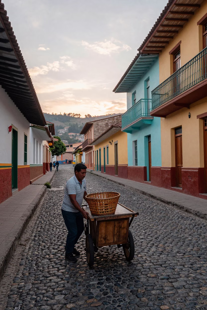 Colorful 1950s Medellin Colombia Street Scene with Vintage Basket and Dawn Light in in Medellin, Colombia