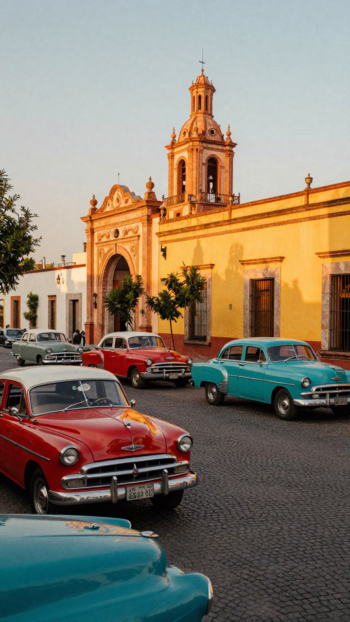 Colorful 1950s Mexico City Street Scene with Vintage Vehicles and Local Market Activity in in Mexico City, Mexico