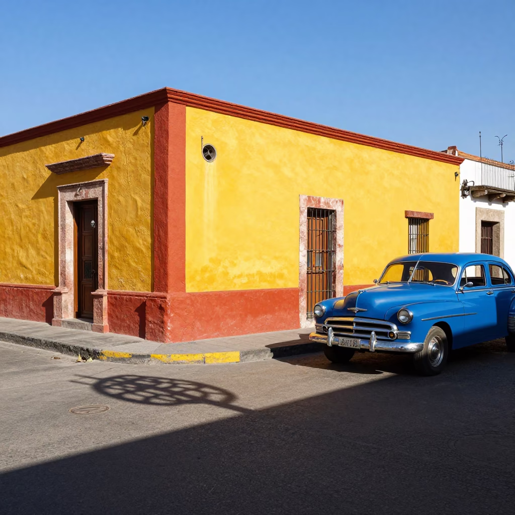 Colorful 1950s Mexico City Street Scene with Wicker Shadow on Plaster Wall in in Mexico City, Mexico