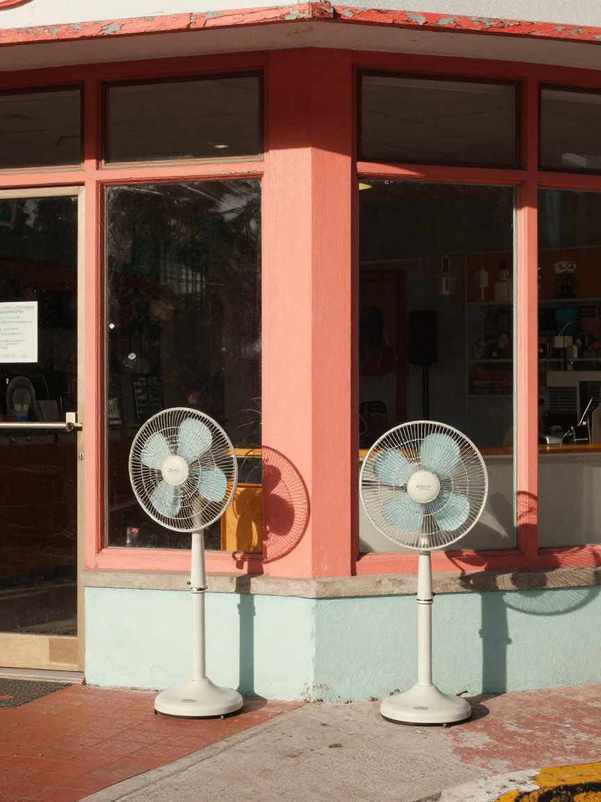 Colorful 1950s Miami Street Scene with Table Fans and Hand Tools in in Miami, Florida, United States
