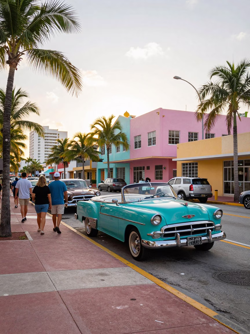Colorful 1950s Miami Street Scene with Vintage Convertible and Palm Trees in in Miami, Florida, United States