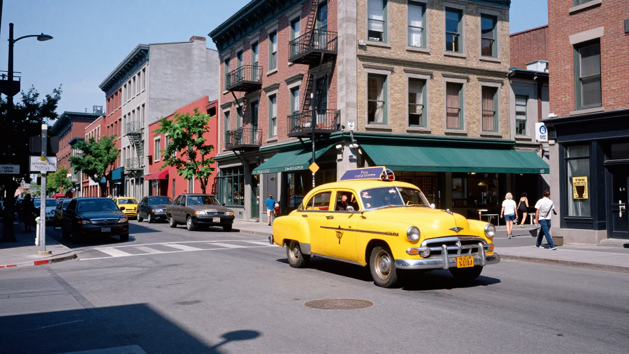 Colorful 1950s Montreal Street Scene with Vintage Yellow Taxi and Local Market Activity in in Montreal, Quebec, Canada