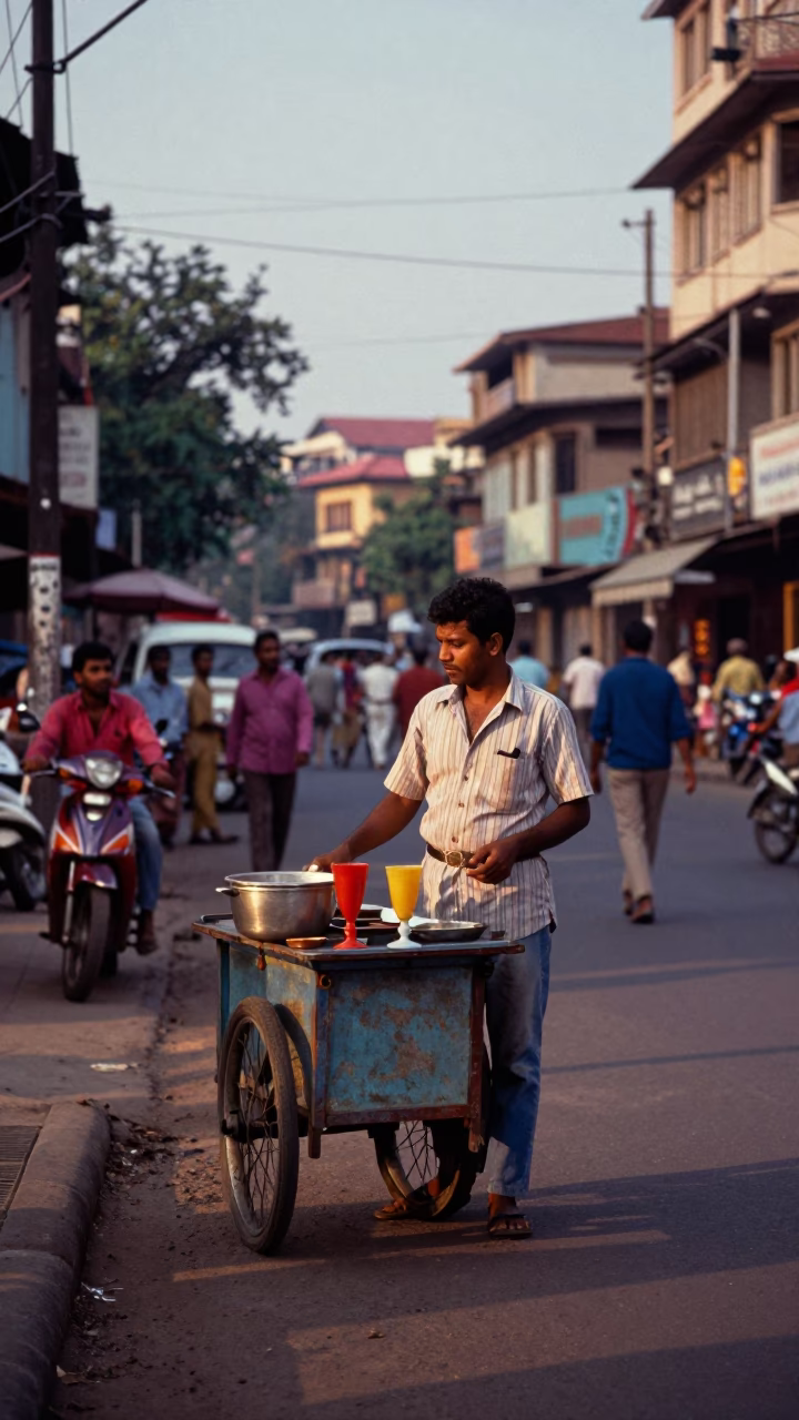 Colorful 1950s Mumbai Street Scene with Vendor Goblet and Evening Ambience in in Mumbai, India