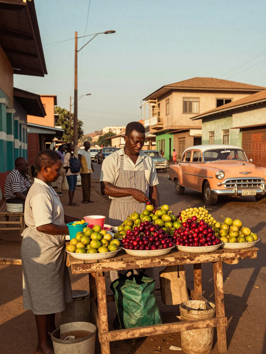 Colorful 1950s Nairobi Street Scene with Cherries and Vintage Details in Honeyed Evening Light in in Nairobi, Kenya