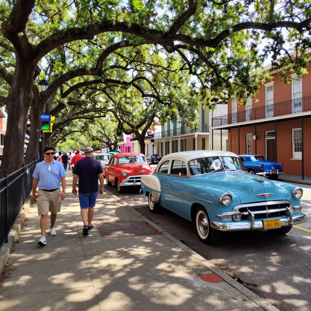 Colorful 1950s New Orleans Street Scene with Vintage Cars and Local Life in in New Orleans, Louisiana, United States