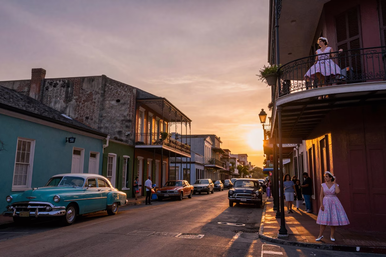 Colorful 1950s New Orleans Sunset Street Scene with Vintage Details and Local Charm in in New Orleans, Louisiana, United States