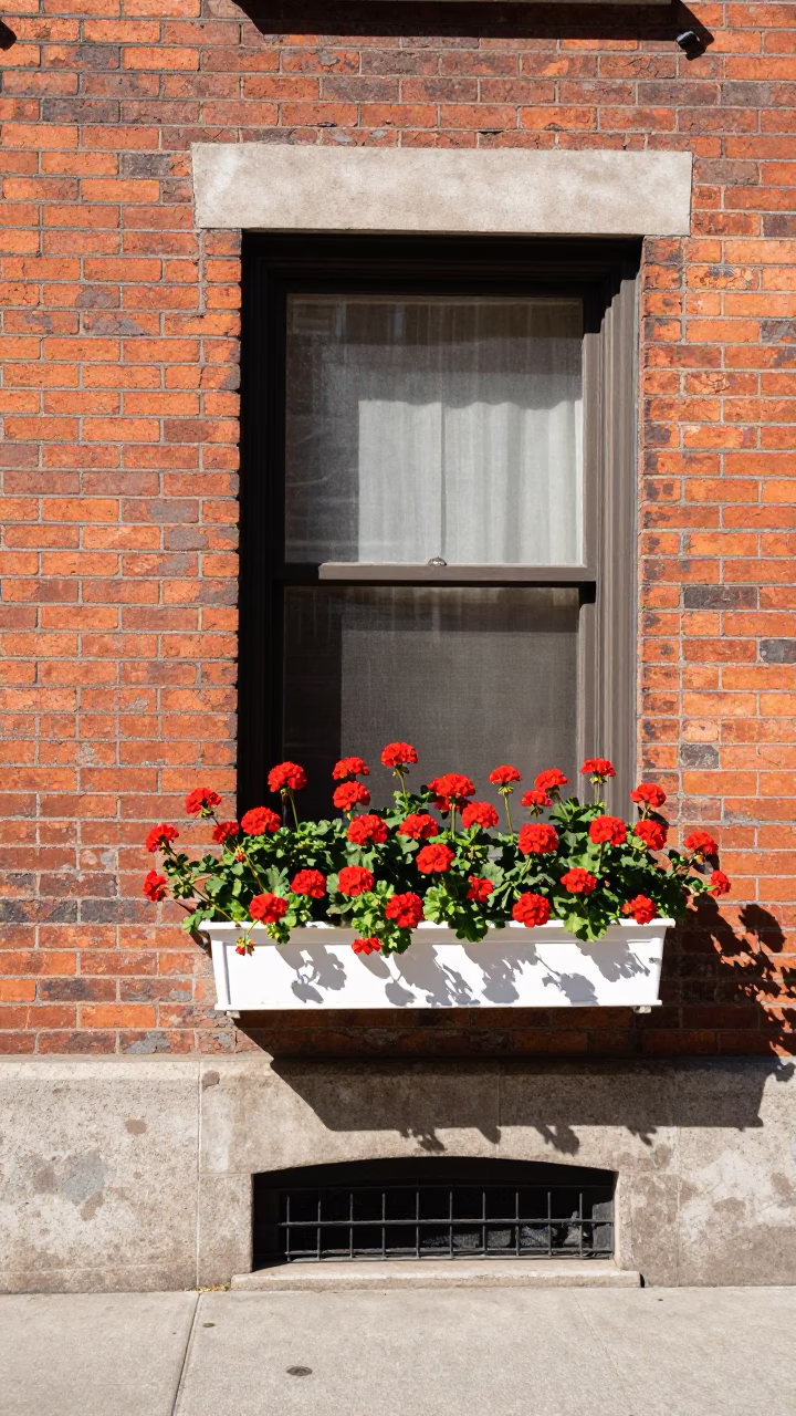 Colorful 1950s New York City Street Scene with Vintage Geraniums and Classic Architecture in in New York, New York, United States