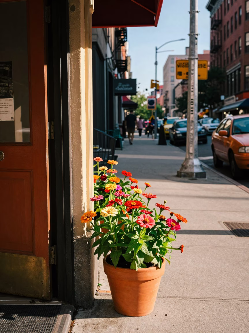 Colorful 1950s New York Street Scene with Zinnias and Vintage Bakery Display in in New York, New York, United States