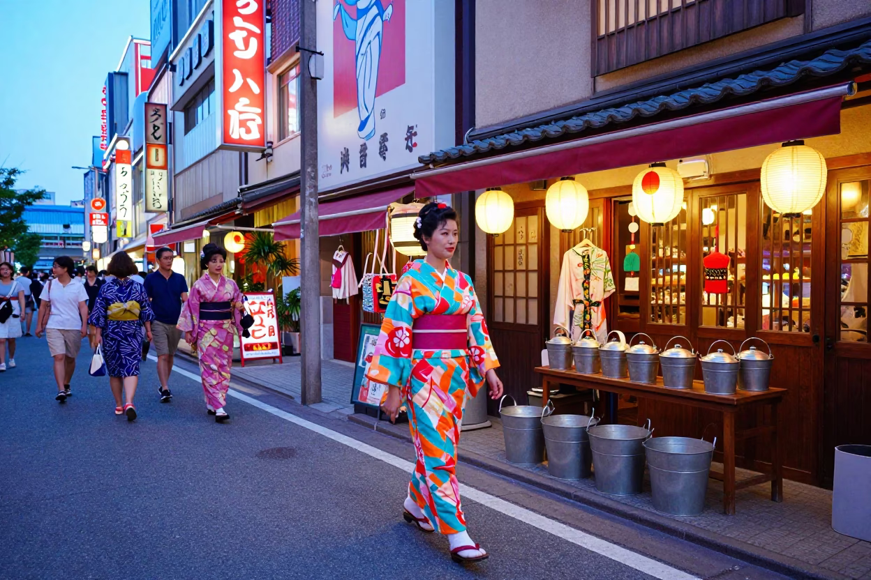 Colorful 1950s Osaka Evening Street Scene with Vintage Fashion and Local Life in in Osaka, Japan