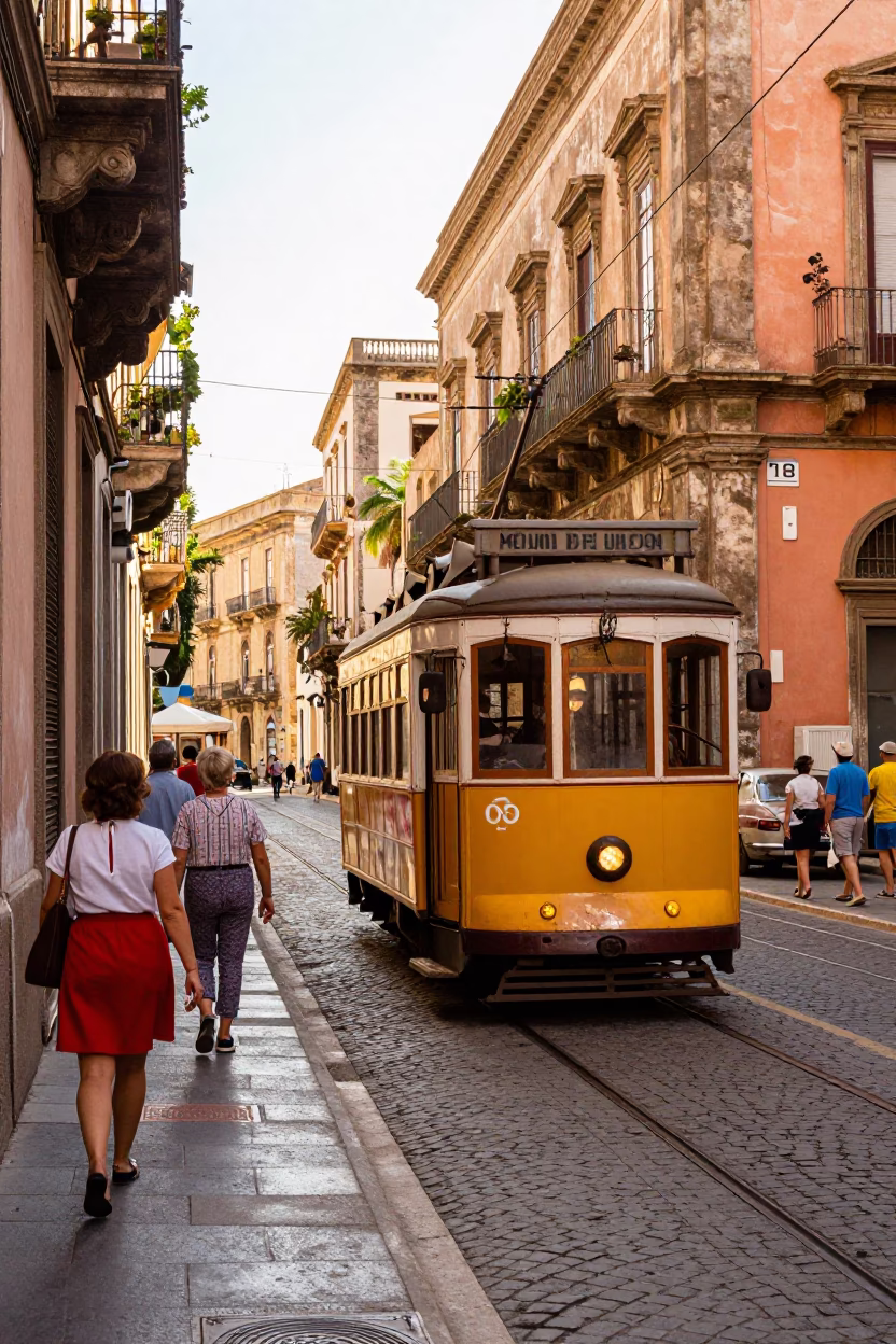 Colorful 1950s Palermo Street Scene with Heritage Tram on Cobblestones in in Palermo, Italy