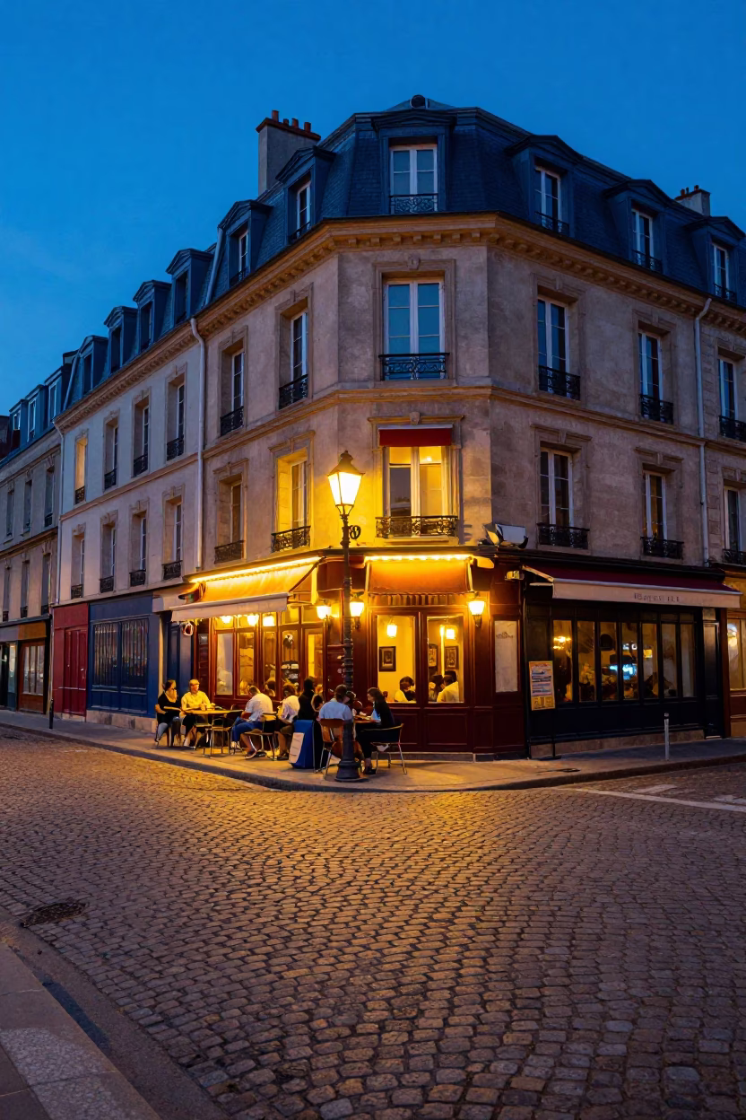 Colorful 1950s Parisian Street Scene at Blue Hour with Vintage Details in in Paris, France