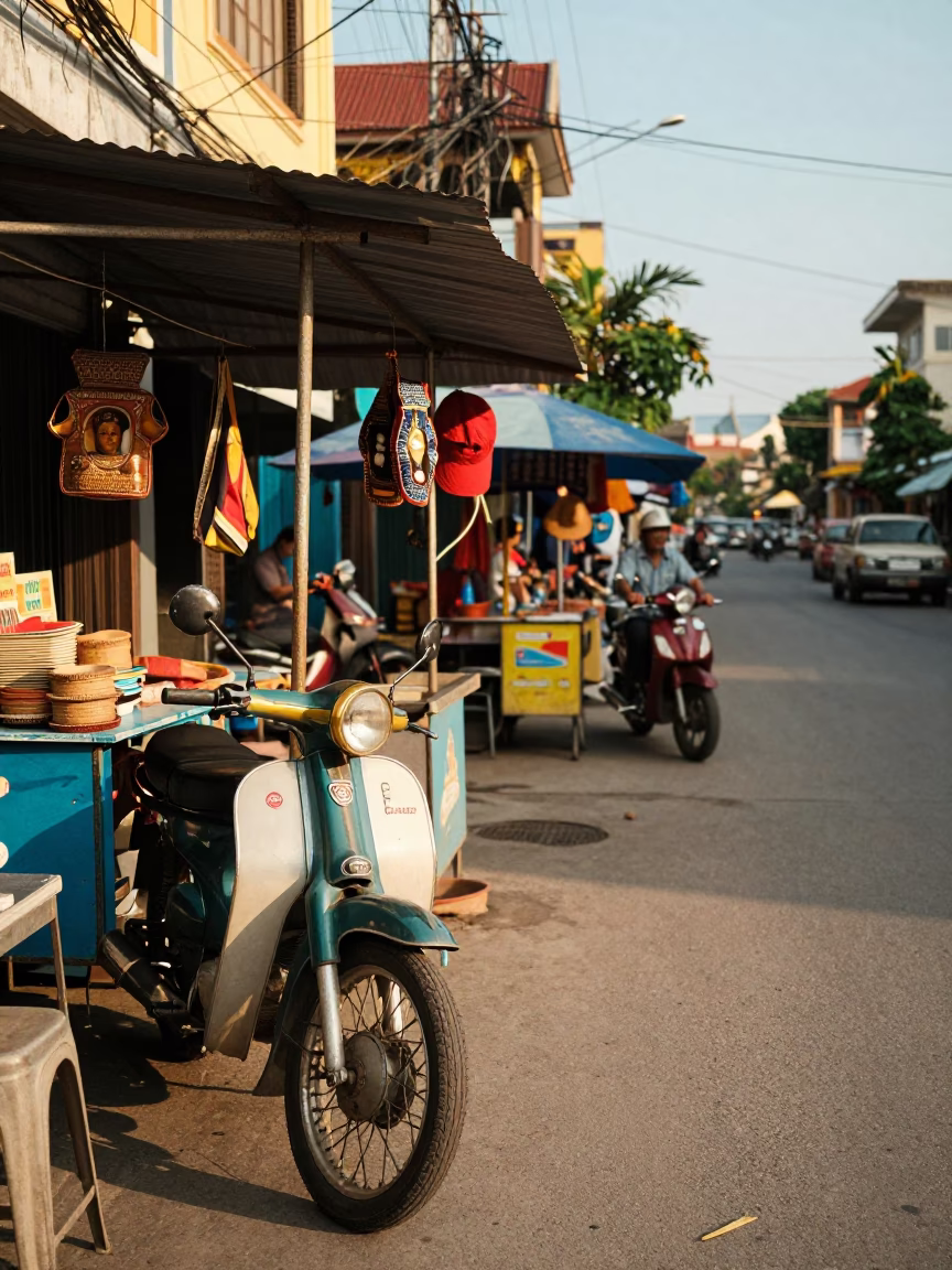 Colorful 1950s Phnom Penh Street Scene with Vintage Motorbike and Local Vendor in in Phnom Penh, Cambodia