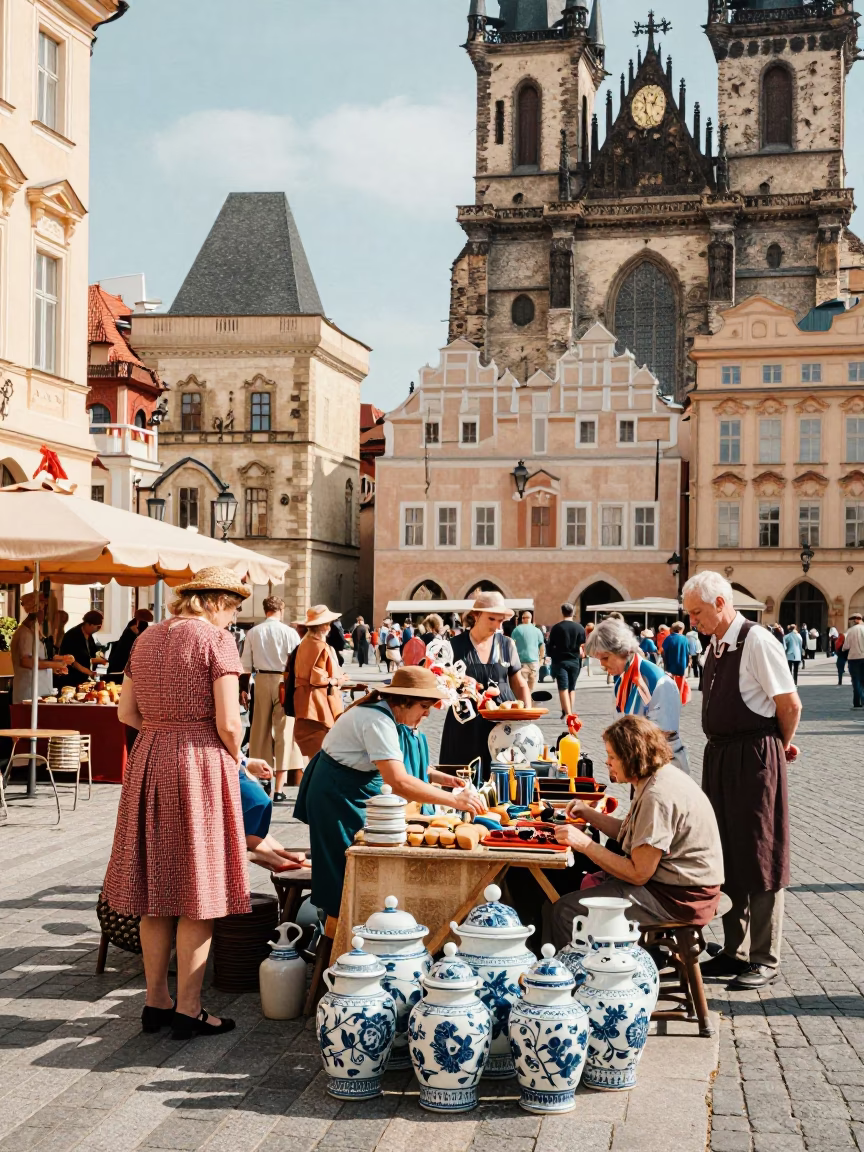Colorful 1950s Prague Street Scene with Porcelain Jars and Local Market Activity in in Prague, Czech Republic