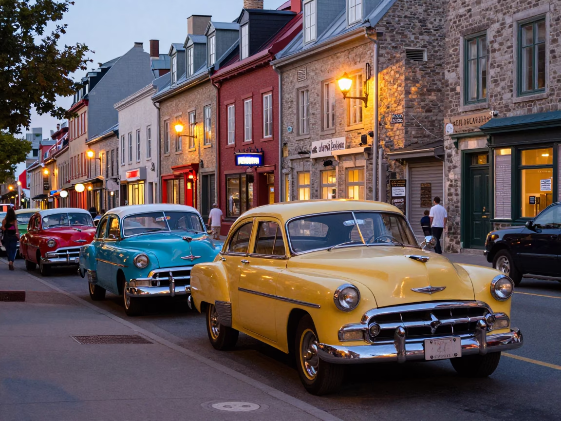 Colorful 1950s Quebec City Evening Street Scene with Vintage Cars and Historic Architecture in in Quebec City, Quebec, Canada