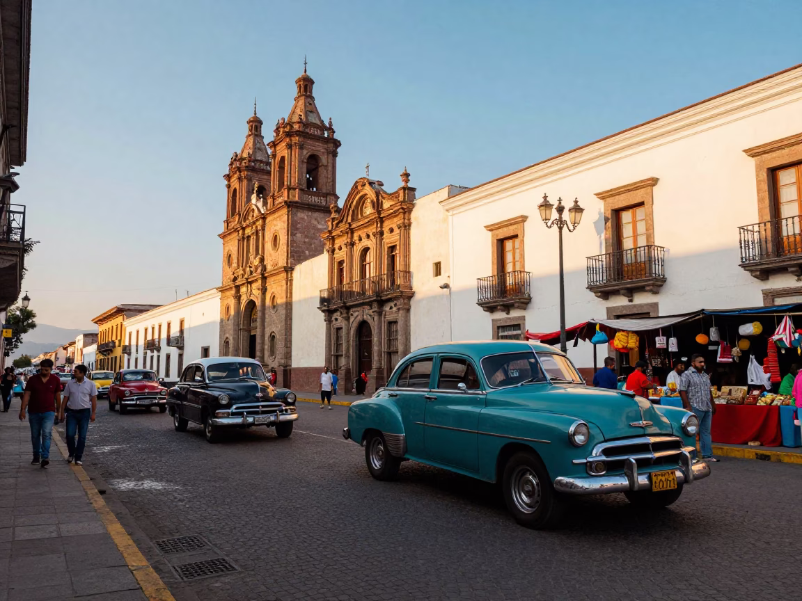 Colorful 1950s Quito Street Scene with Vintage Cars and Local Market Activity in in Quito, Ecuador