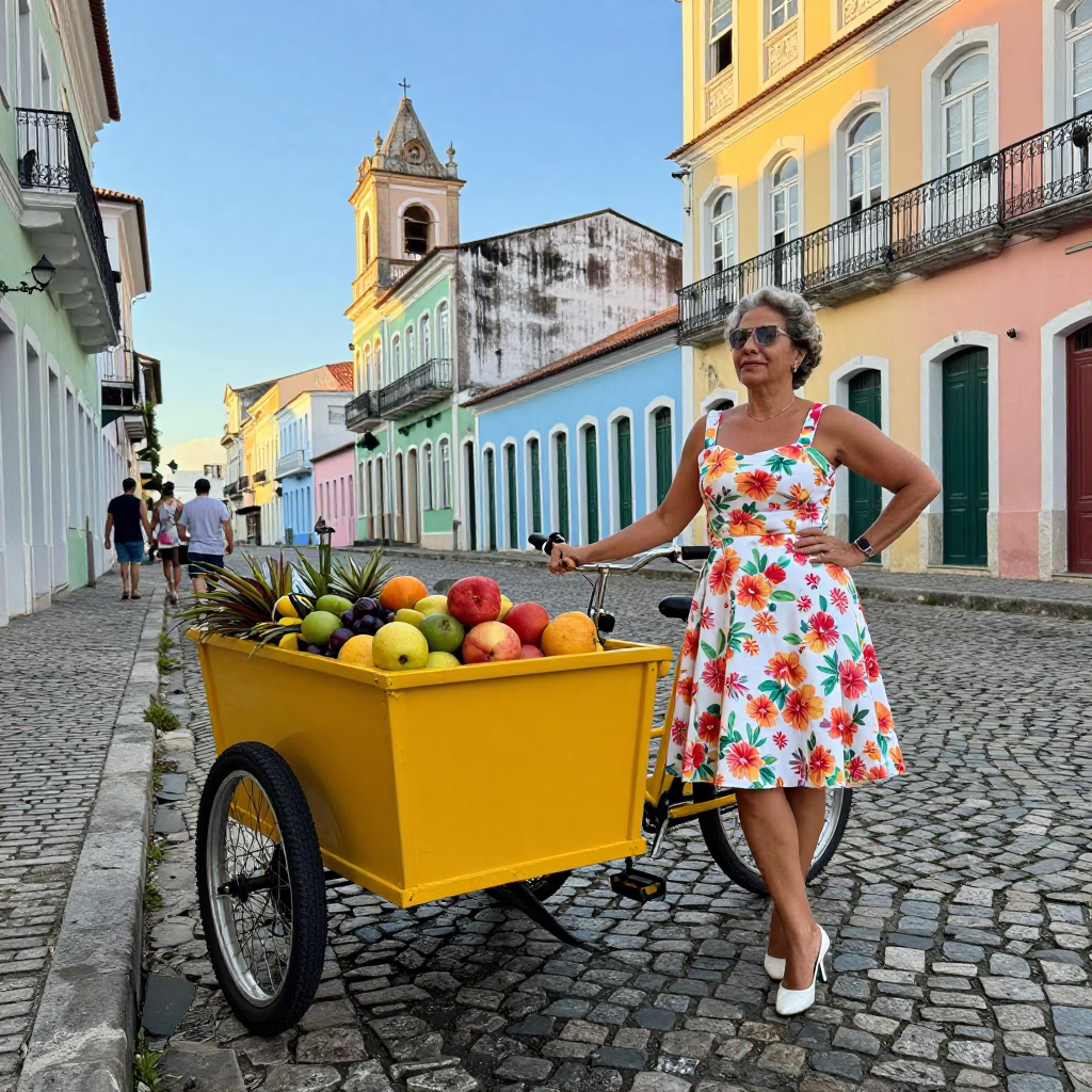 Colorful 1950s Salvador Brazil Street Scene with Cargo Bicycle and Basket Tray in in Salvador, Brazil