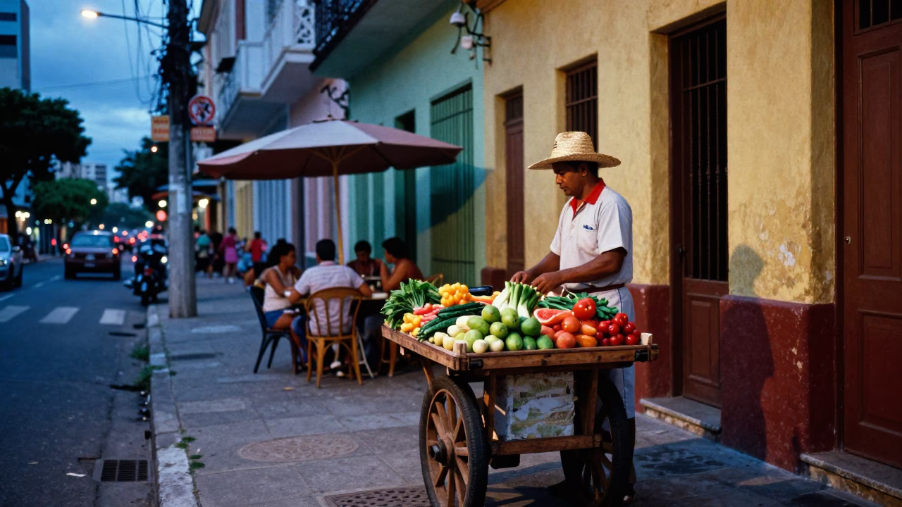 Colorful 1950s São Paulo Street Scene with Straw Hat and Rattan Chair in in São Paulo, Brazil