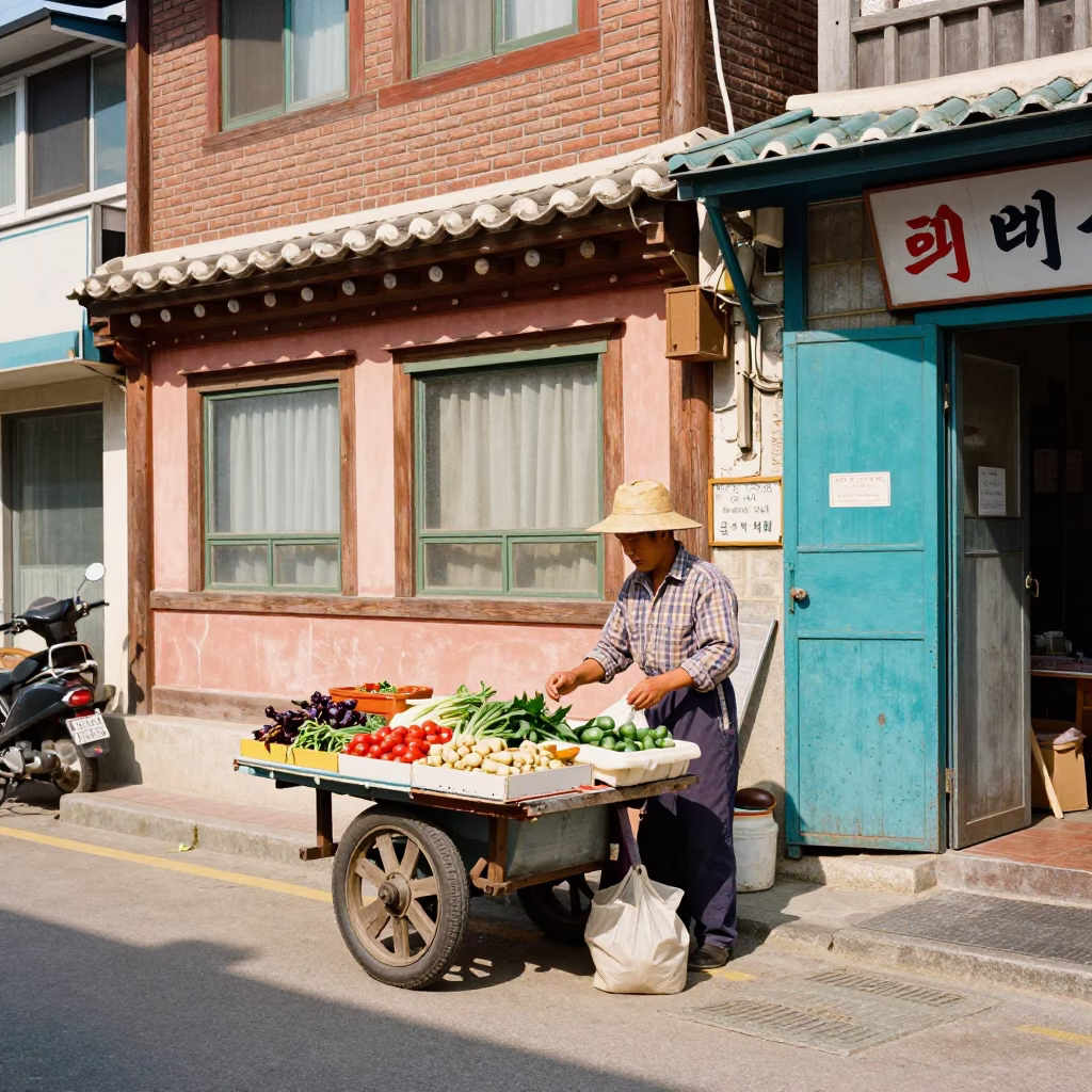 Colorful 1950s Seoul Street Scene with Vendor and Hinge Detail in in Seoul, South Korea