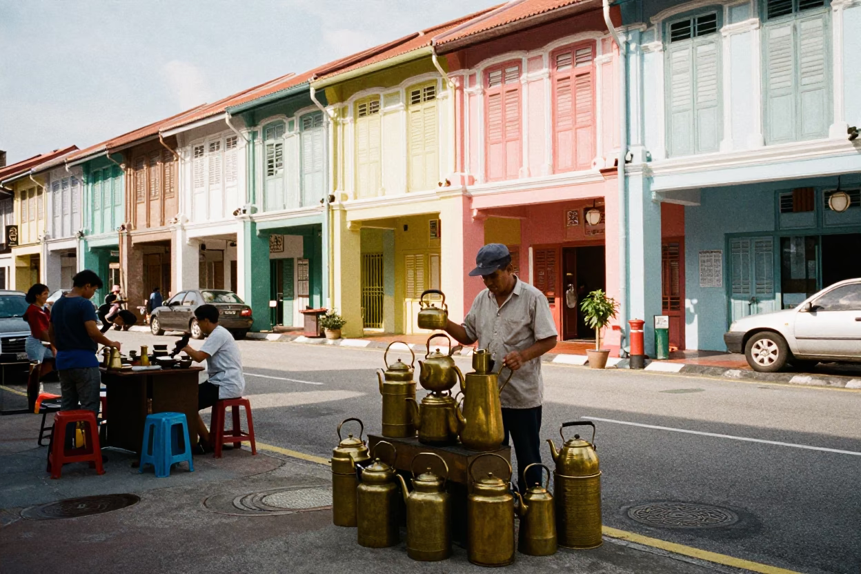 Colorful 1950s Singapore Street Scene with Tea Kettles and Traditional Architecture in in Singapore, Singapore