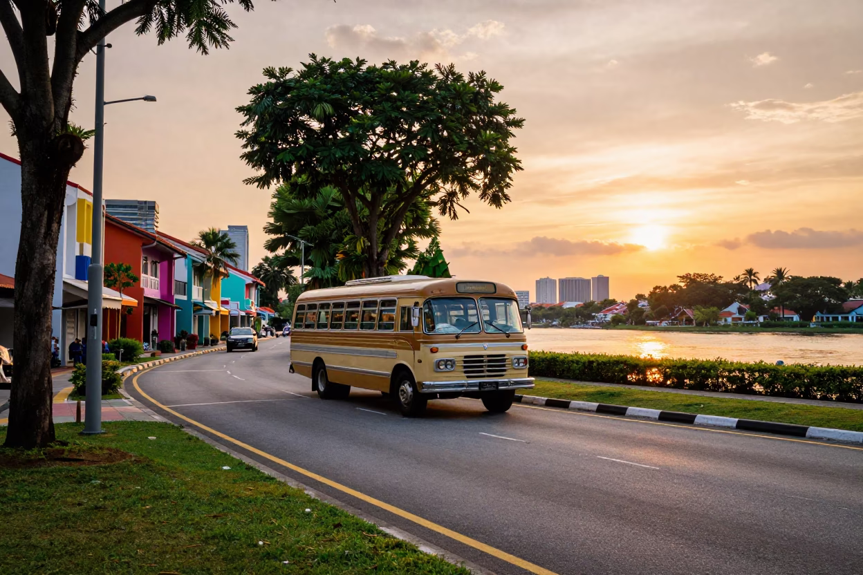 Colorful 1950s Singapore Sunset Street Scene with Vintage Bus and Canal in in Singapore, Singapore