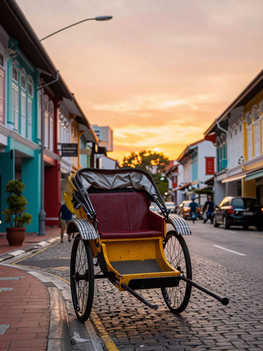 Colorful 1950s Singapore Sunset Street Scene with Vintage Rickshaw and Local Commerce in in Singapore, Singapore