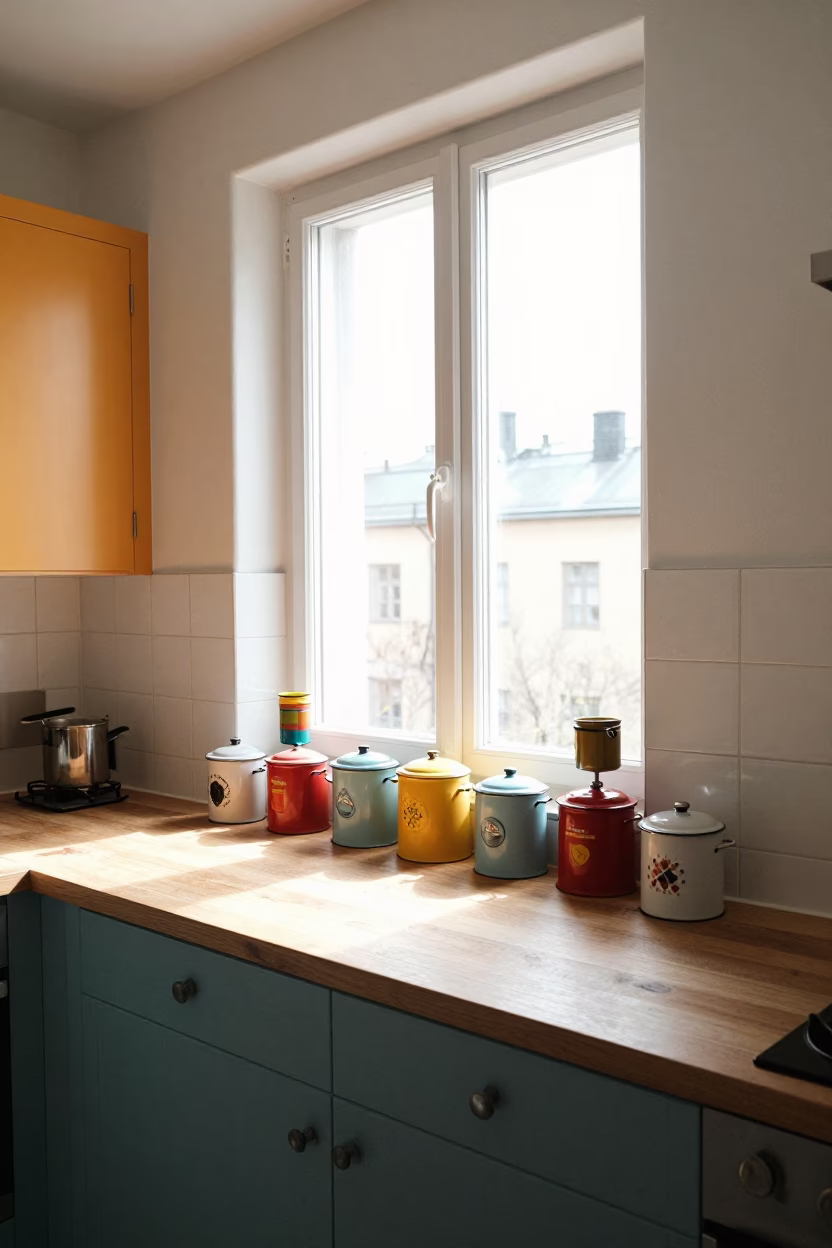 Colorful 1950s Stockholm Kitchen Scene with Vintage Canister Set and Kitchen Shelves in in Stockholm, Sweden
