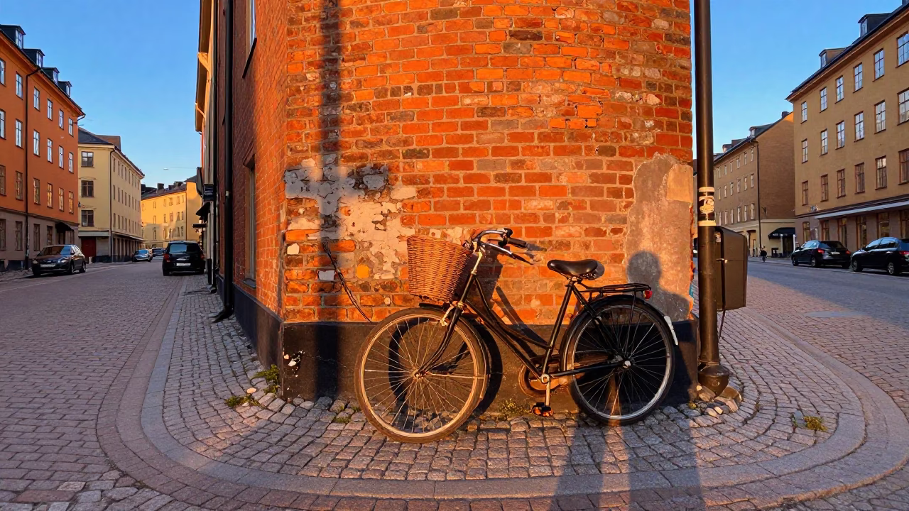 Colorful 1950s Stockholm Sunset Street Scene with Vintage Bicycle and Local Market Activity in in Stockholm, Sweden