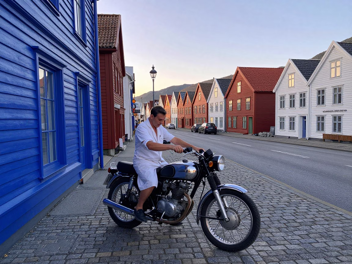 Colorful 1950s Street Scene in Bergen Norway with Cobalt Liquid and Coastal Elements in in Bergen, Norway