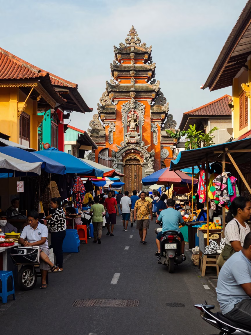 Colorful 1950s Street Scene in Denpasar Bali Indonesia Early Afternoon Market in in Denpasar, Indonesia
