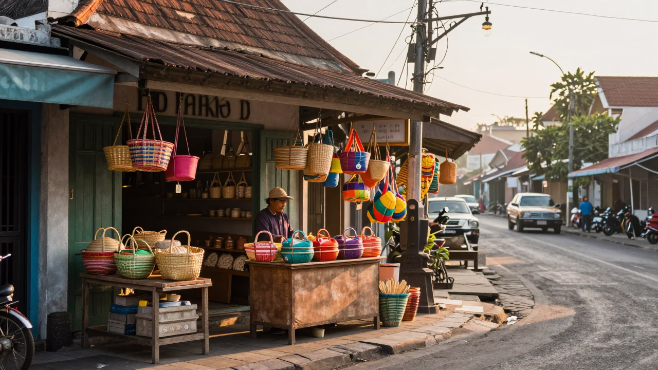 Colorful 1950s Street Scene in Denpasar Indonesia Morning Light in in Denpasar, Indonesia