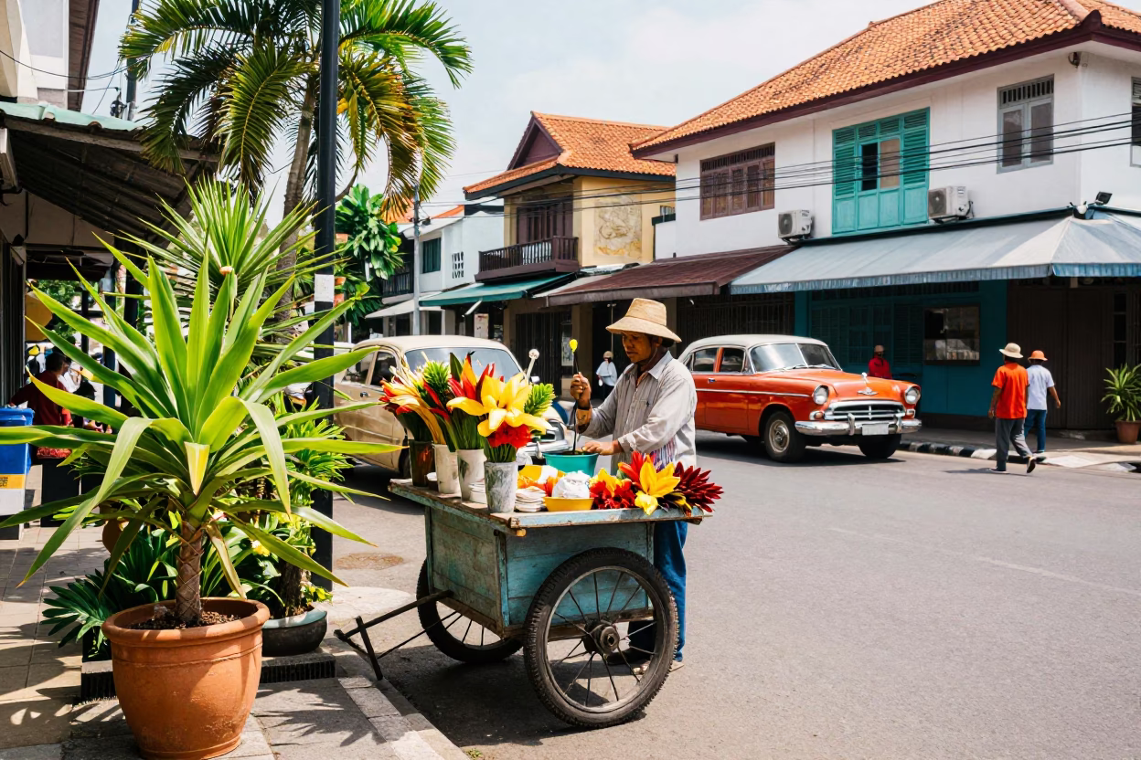 Colorful 1950s Street Scene in Denpasar Indonesia with Houseplants and Vintage Details in in Denpasar, Indonesia