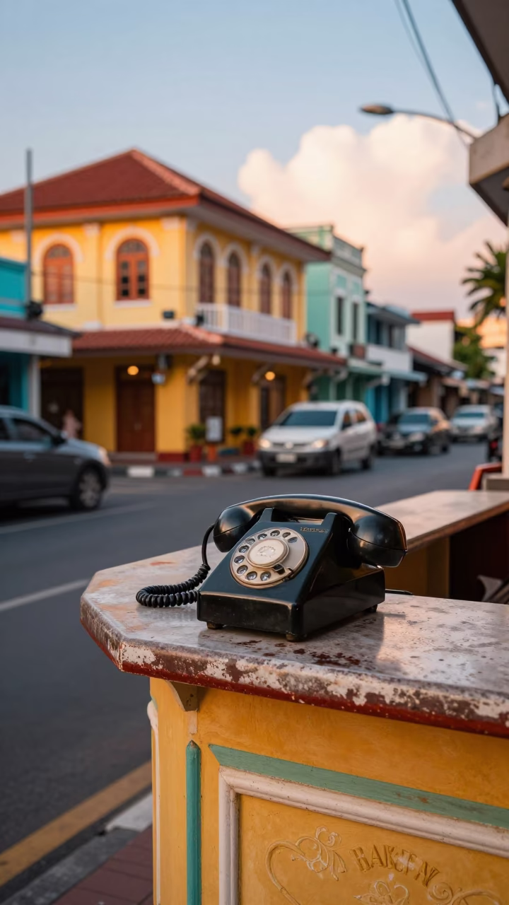 Colorful 1950s Street Scene in Denpasar Indonesia with Vintage Bakelite Telephone in in Denpasar, Indonesia