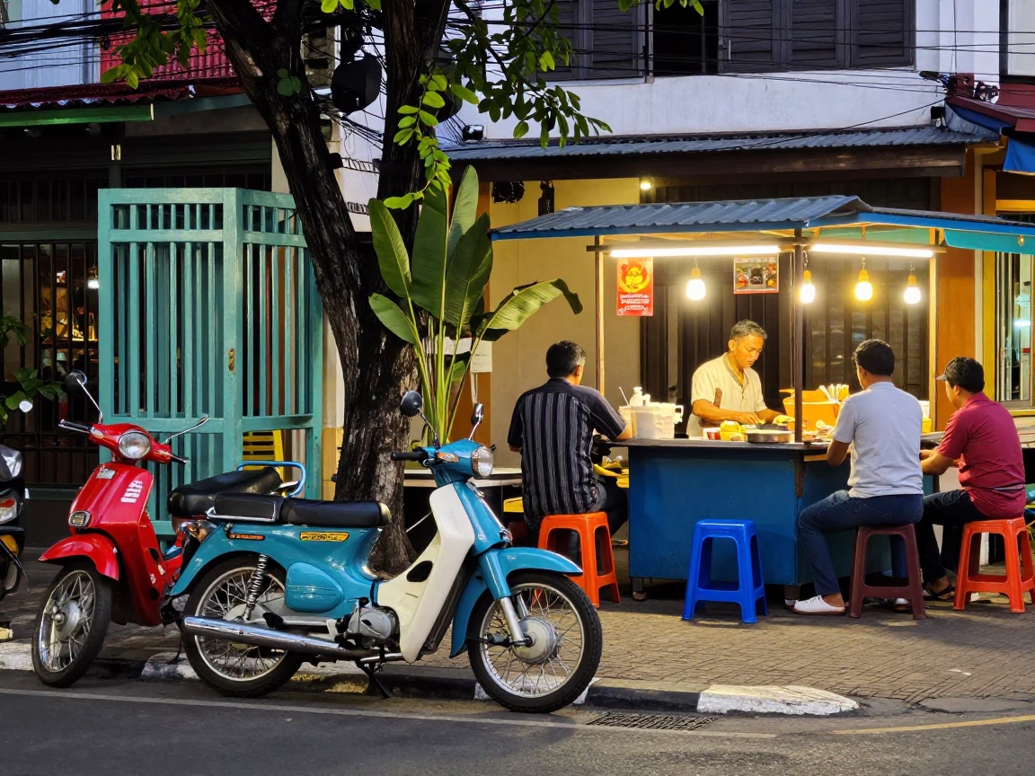 Colorful 1950s Street Scene in Denpasar Indonesia with Vintage Motorcycles and Local Vendors in in Denpasar, Indonesia