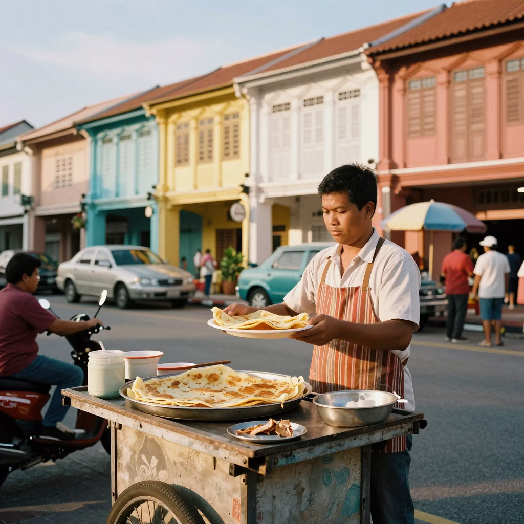 Colorful 1950s Street Scene in George Town Malaysia with Local Food and Daily Life in in George Town, Malaysia