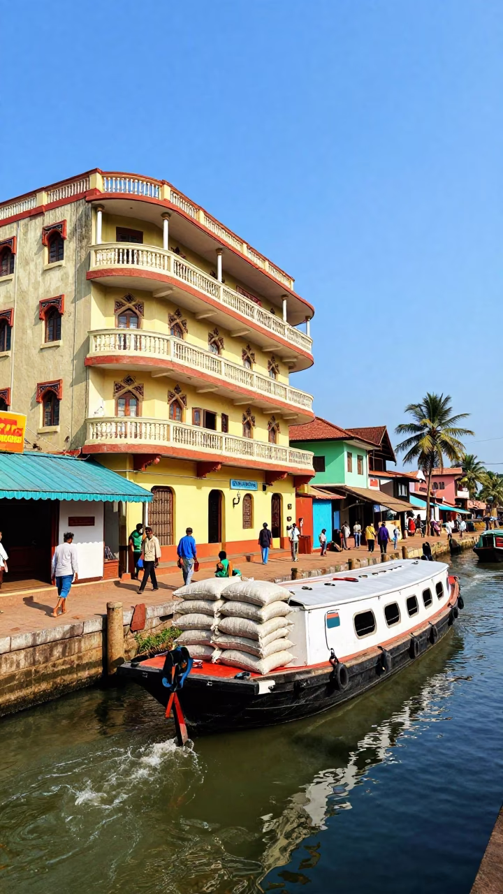 Colorful 1950s Street Scene in Kochi India with Canal Barge and Art Deco Facade in in Kochi, India