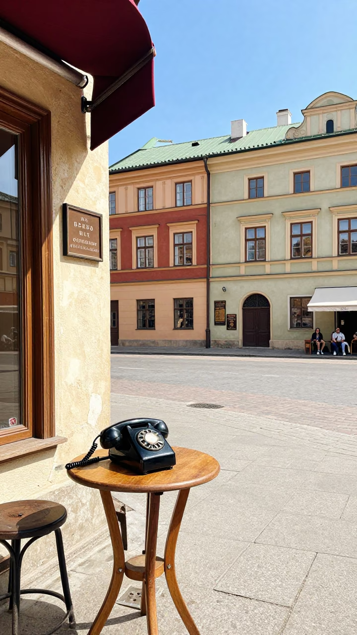 Colorful 1950s Street Scene in Krakow Poland with Vintage Bakelite Telephone and Brass Details in in Krakow, Poland