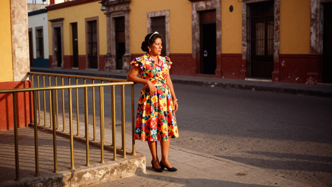 Colorful 1950s Street Scene in Merida Mexico with Polished Brass Rail and Dusty Tiles in in Merida, Mexico