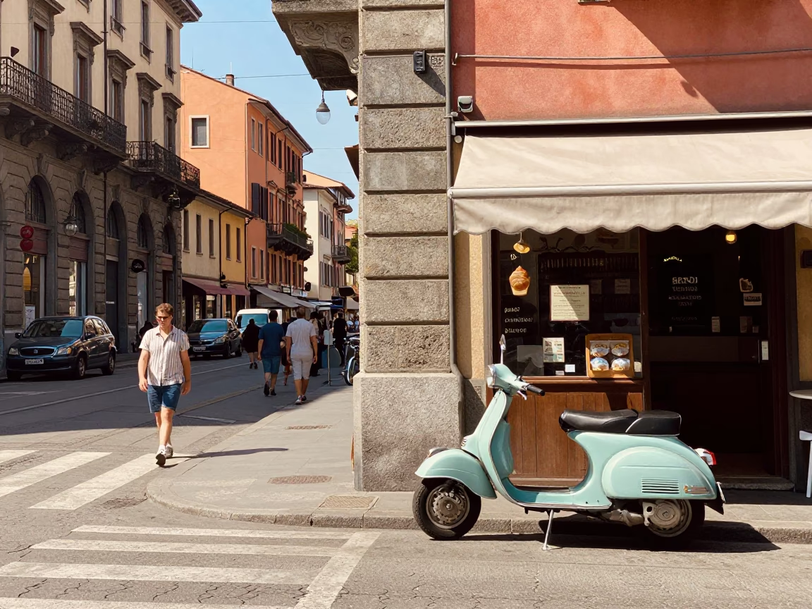 Colorful 1950s Street Scene in Milan Italy Noon Light and Local Life in in Milan, Italy