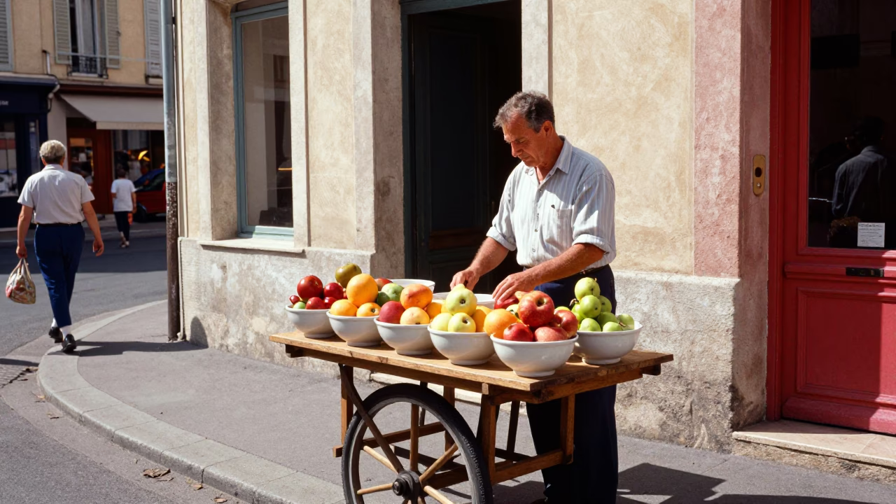 Colorful 1950s Street Scene in Nice France with Ceramic Bowl and Wooden Stool in in Nice, France