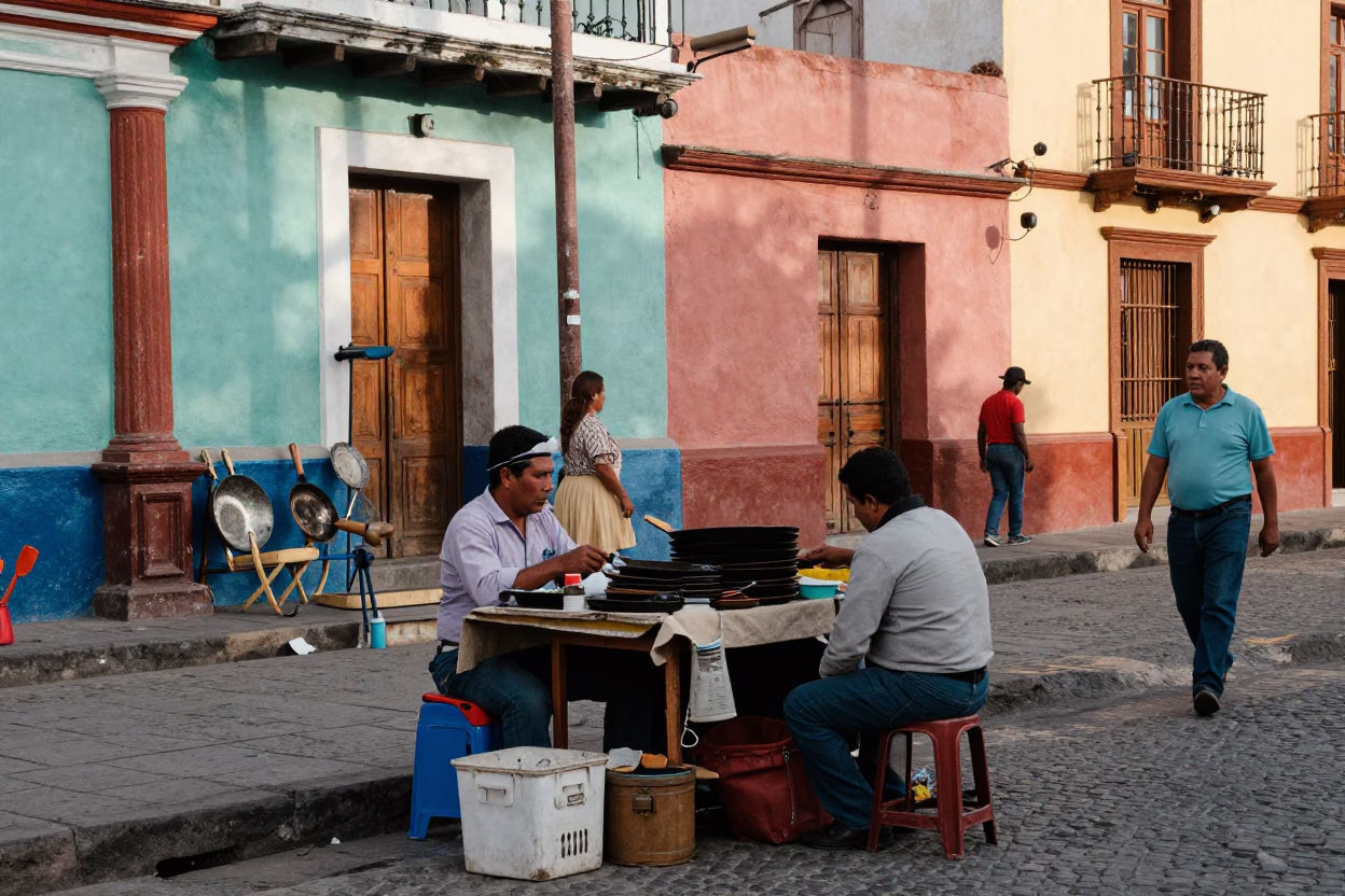 Colorful 1950s Street Scene in Quito Ecuador with Vintage Skillet and Utensil Crocks in in Quito, Ecuador